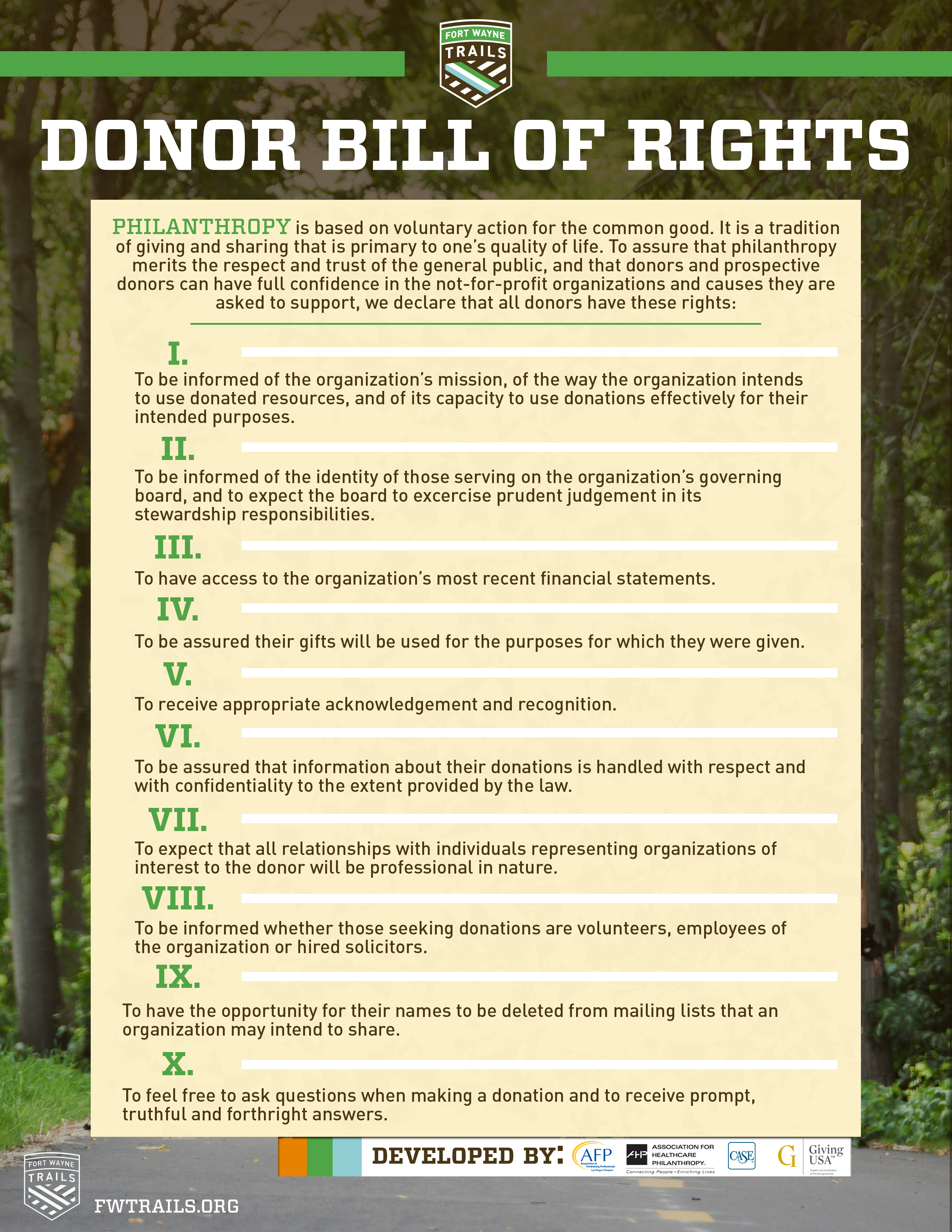 Fort Wayne Trails donor bill of rights list
