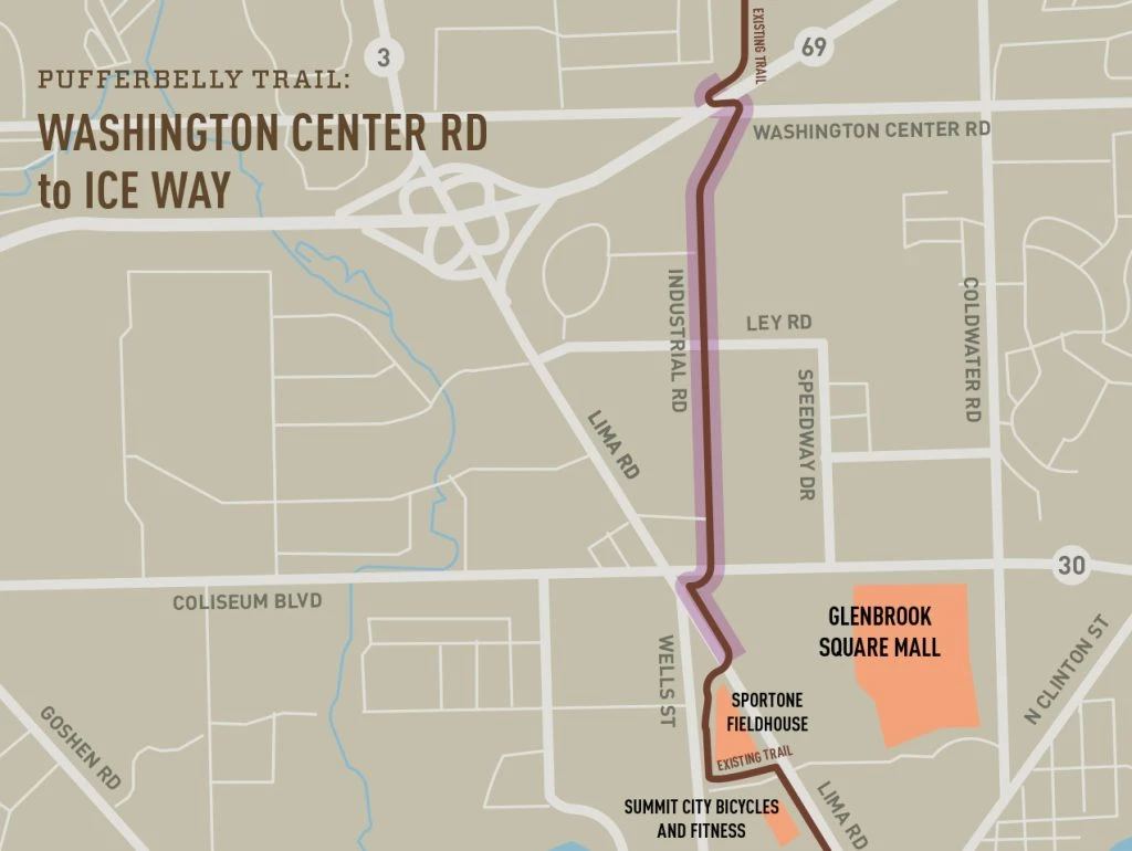 Map of the Pufferbelly Trail between Washington Center Road and Ice Way